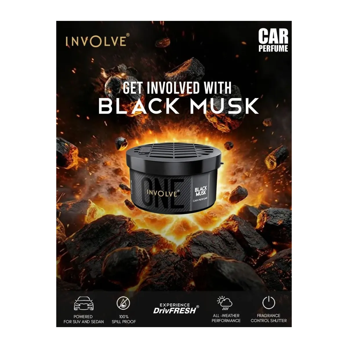 Involve ONE Black Musk Organic Car Perfume | 45g Leak-Proof Fiber Can