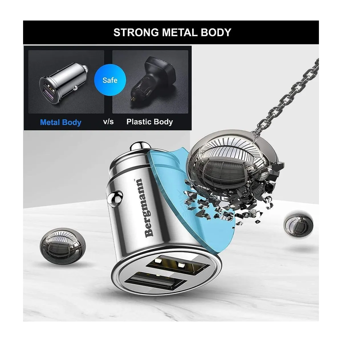 Bergmann Metal Dual-USB Car Charger With Braided Cable — view 2